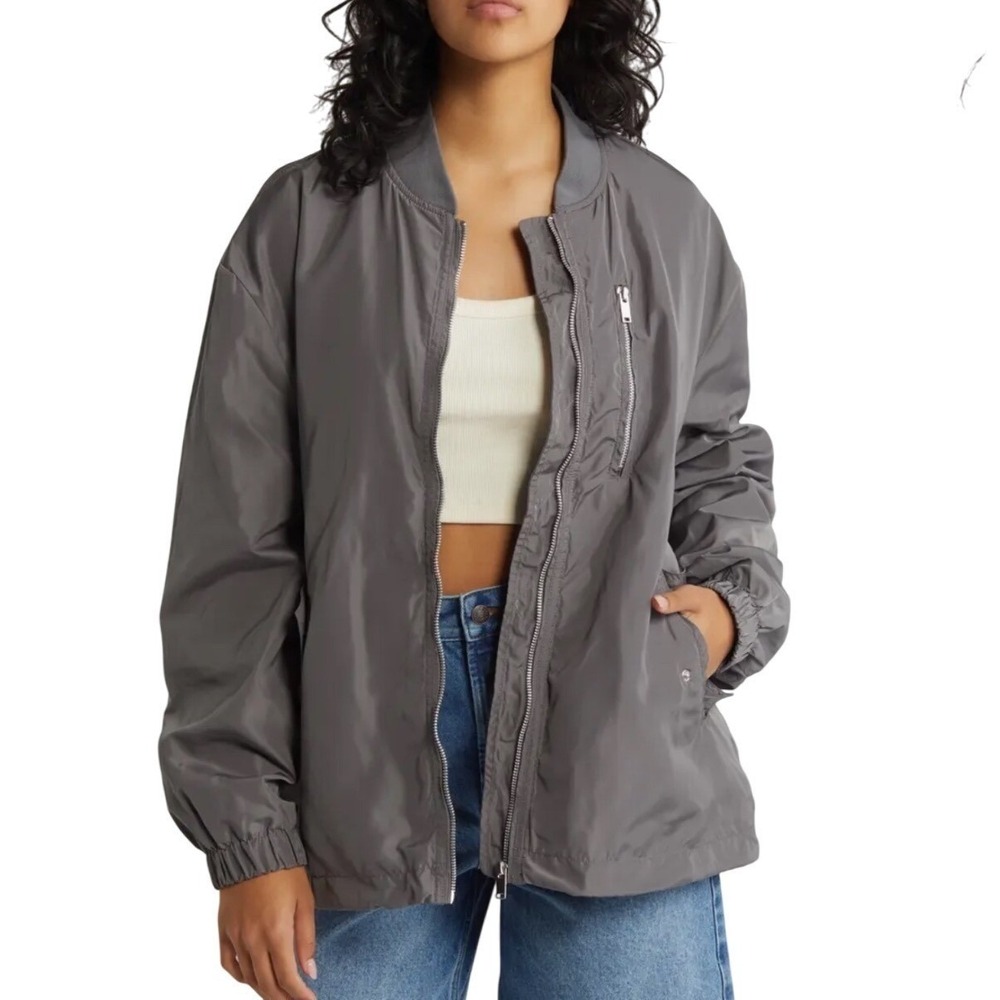 Noisy May Ava Bomber Jacket Lightweight Zip Front Long Sleeve Size Small Gray